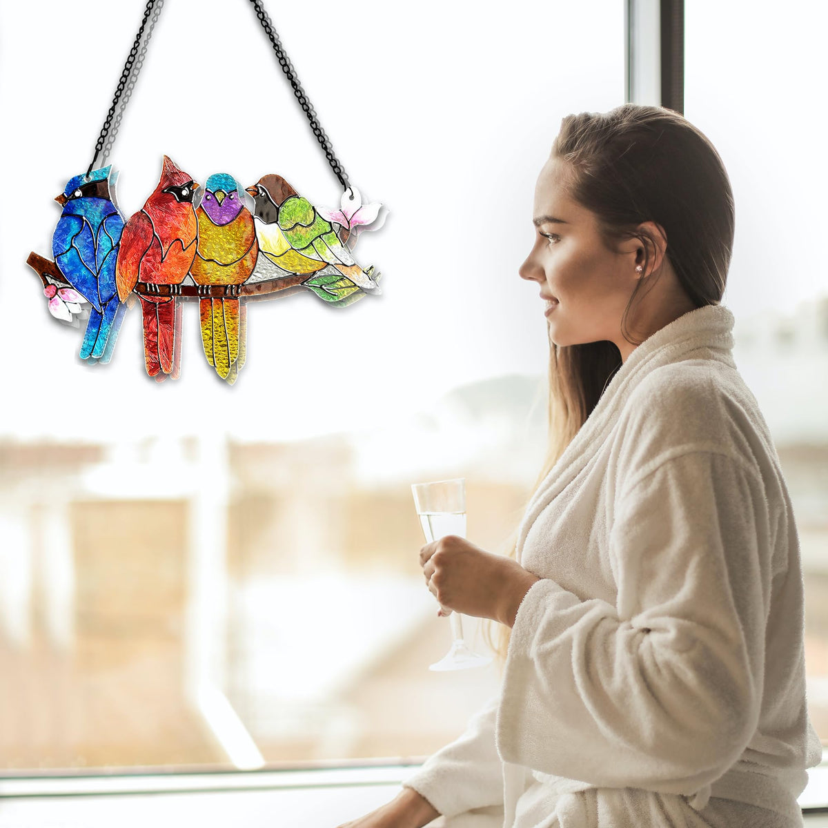 DASTOLL stained glass window hanging chain highlights double-sided color in sunlight.