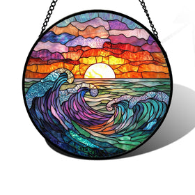 DASTOLL stained glass window hanging with clouds and sea waves brightens spaces in daylight