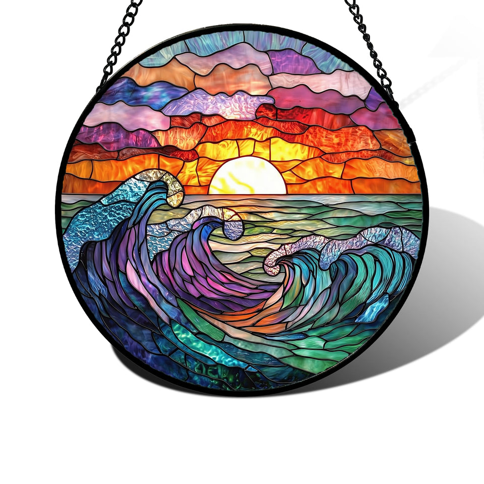DASTOLL stained glass window hanging with clouds and sea waves brightens spaces in daylight