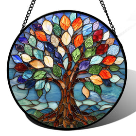 DASTOLL stained glass window hanging with colorful tree of life, brightens windows in natural light.