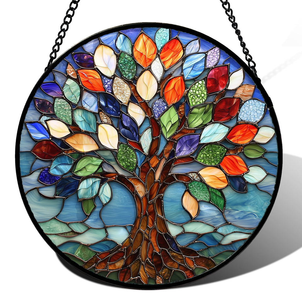 DASTOLL stained glass window hanging with colorful tree of life, brightens windows in natural light.