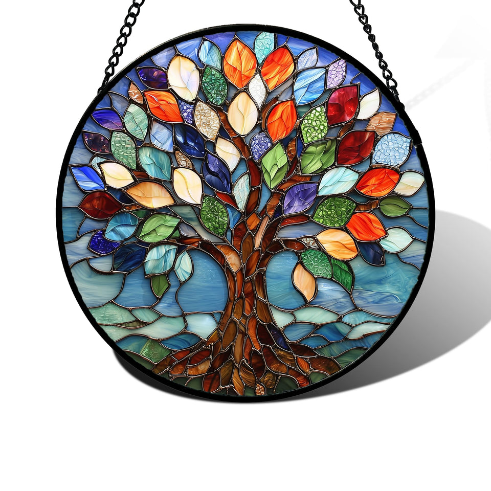 DASTOLL stained glass window hanging with colorful Tree of Life, brightening spaces with natural light.