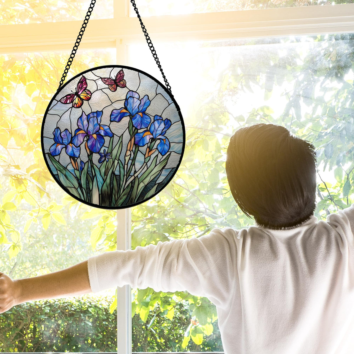 DASTOLL stained glass window hanging showcases iris and butterfly