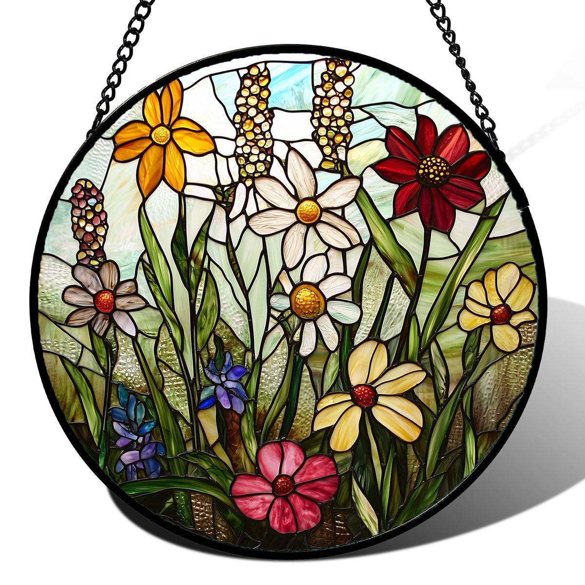 DASTOLL stained glass window hanging with wildflowers, enhances natural light in any room.