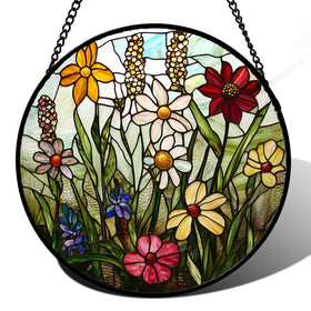 DASTOLL stained glass window hanging with wildflowers, enhances natural light in any room.