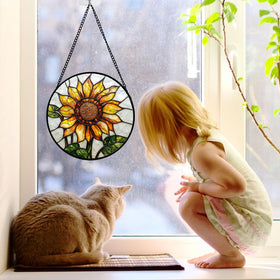 DASTOLL sunflower stained glass enhances window decor with vibrant tones in natural light