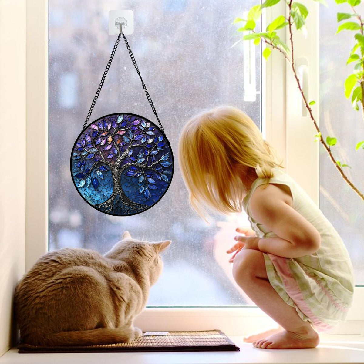 DASTOLL tree of life sun catcher showcases blue purple hues for colorful window decor.