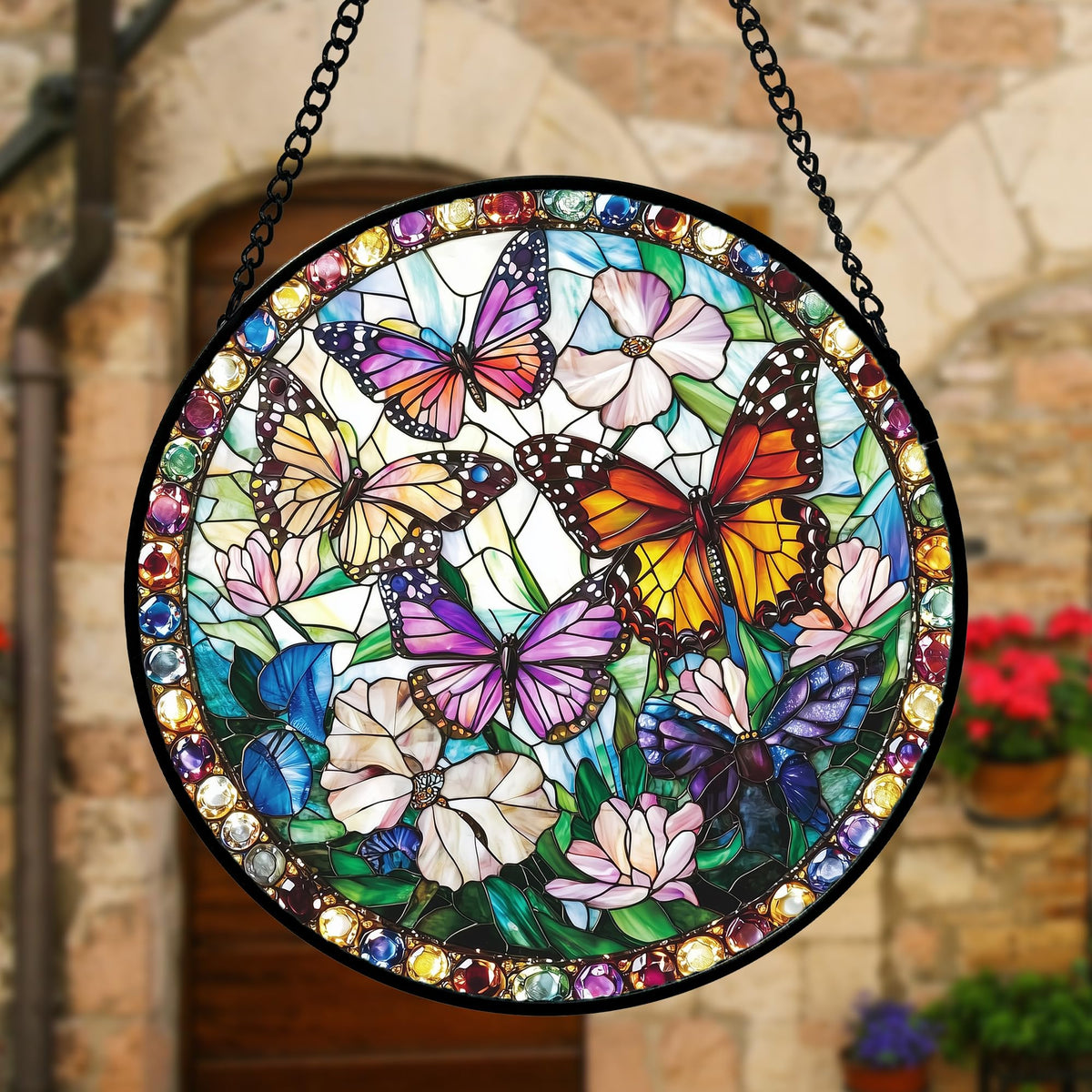 DASTOLL stained glass suncatcher with metal chain is easy to hang.
