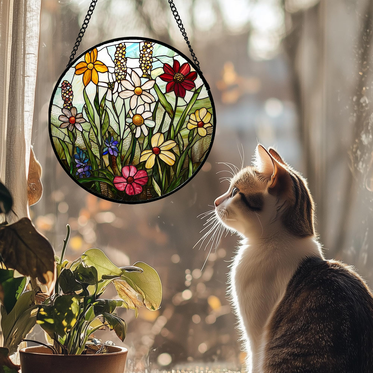 DASTOLL dual-sided stained glass suncatcher comes alive when sunlight passes through.