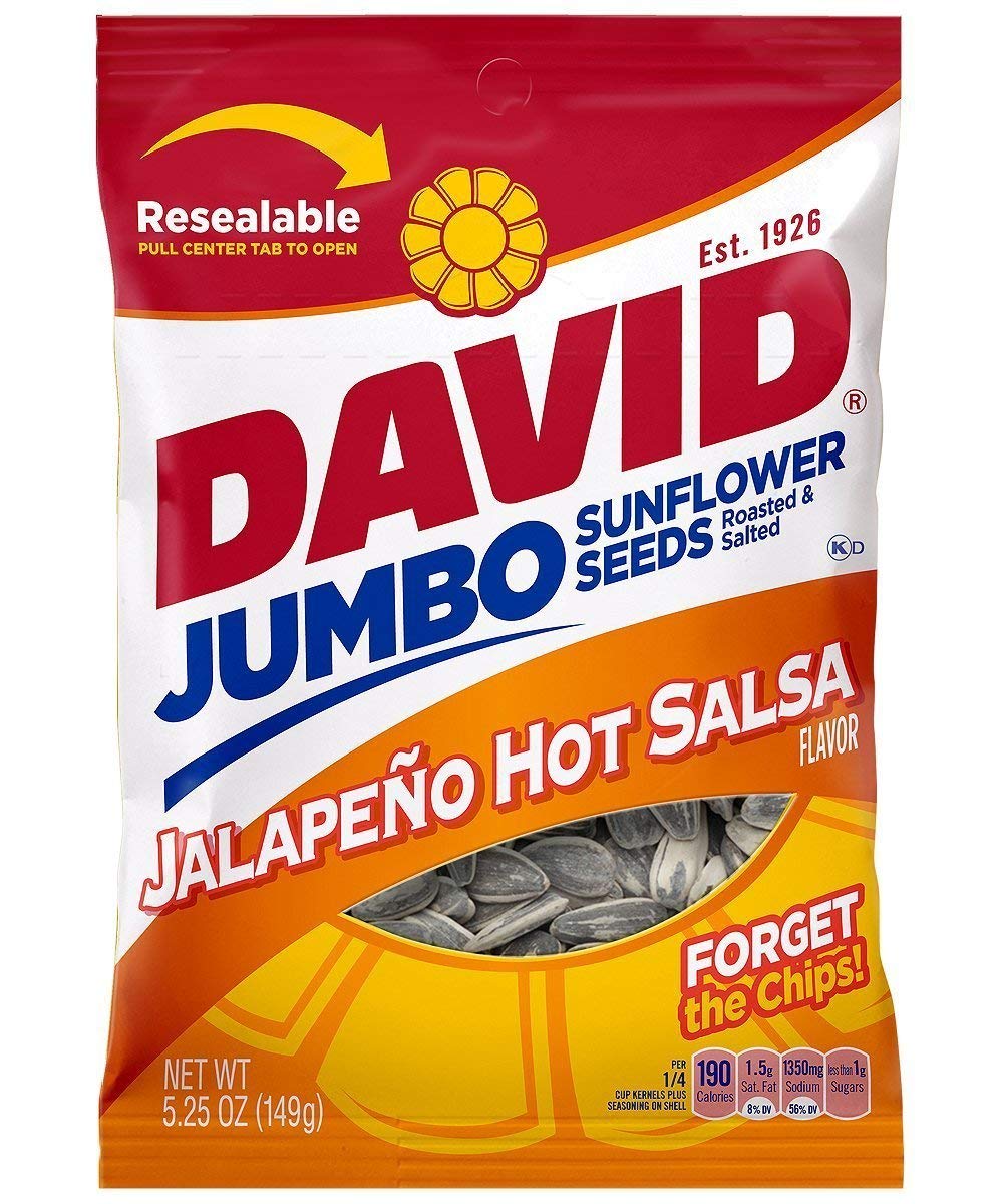 David Seeds jumbo sunflower seeds with jalapeño hot salsa for on-the-go snacking