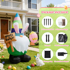 Dawdix inflatable gnome secured with stakes for outdoor stability