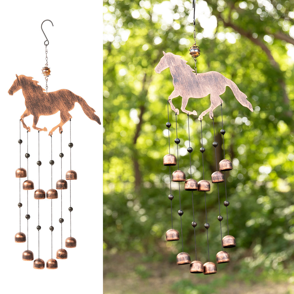 Dawhud Direct galloping horse wind chime on porch enhances outdoor ambiance.