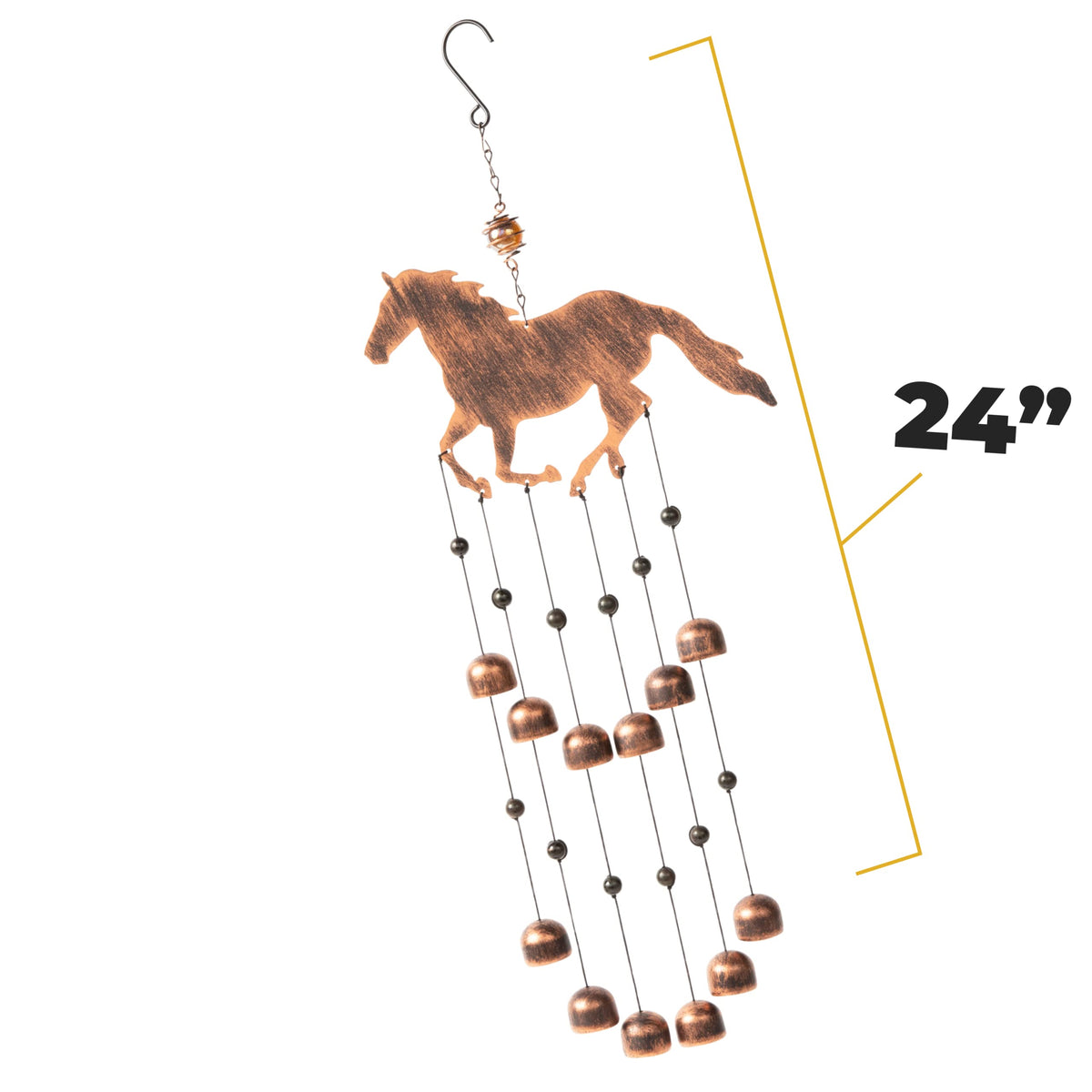 Versatile horse wind chime complements rustic, boho, and western themes.