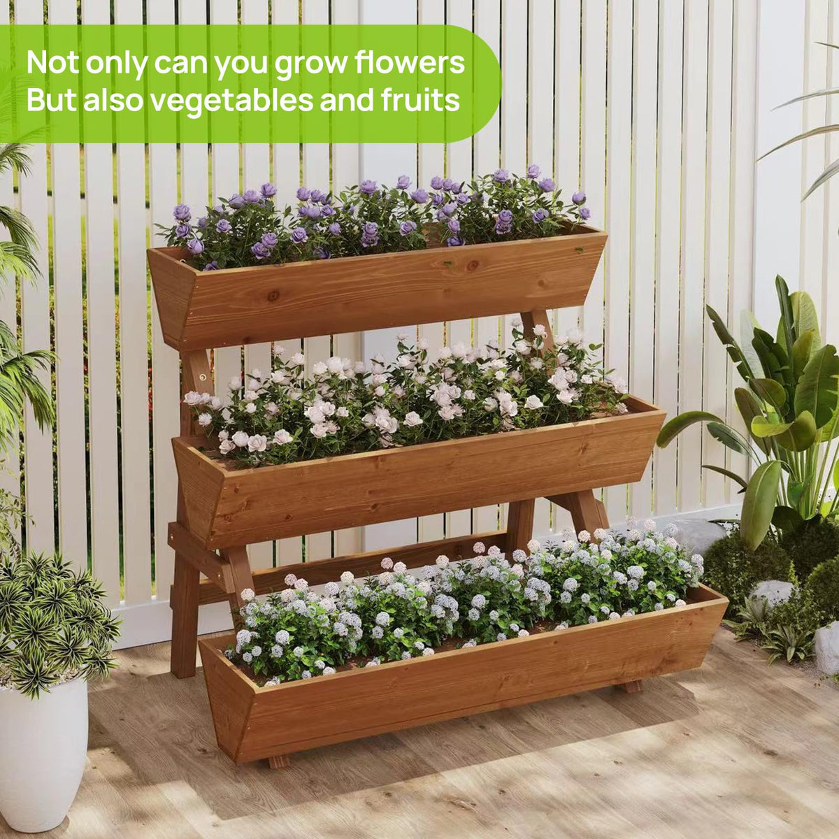 Dawnyard vegetables and flowers organized across three tiers.