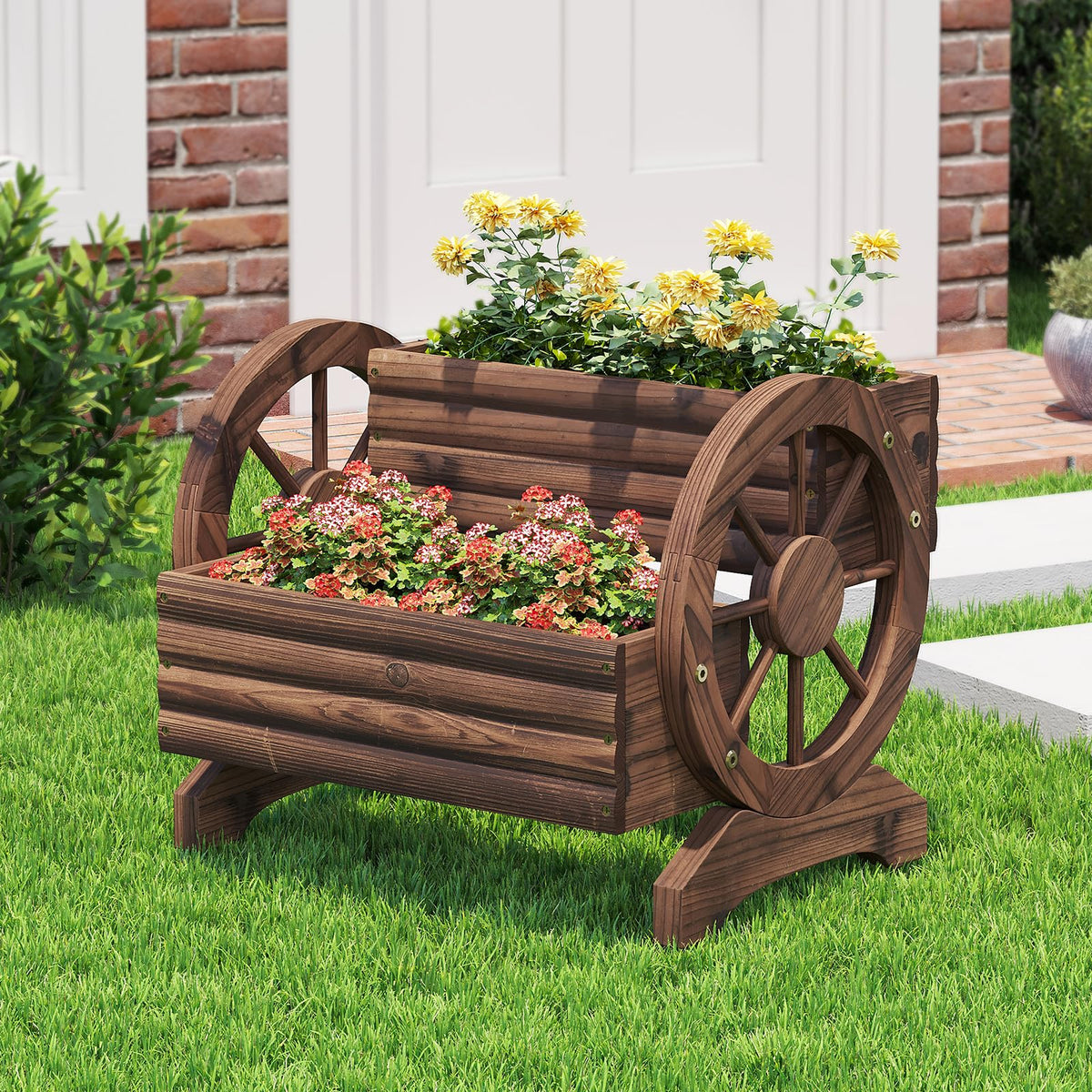 Dawnyard wooden wagon planter on patio setup for herbs