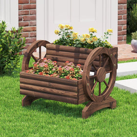 Dawnyard wooden wagon planter on patio setup for herbs