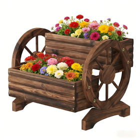 Dawnyard wooden wagon planter side view for outdoor herbs and greenery