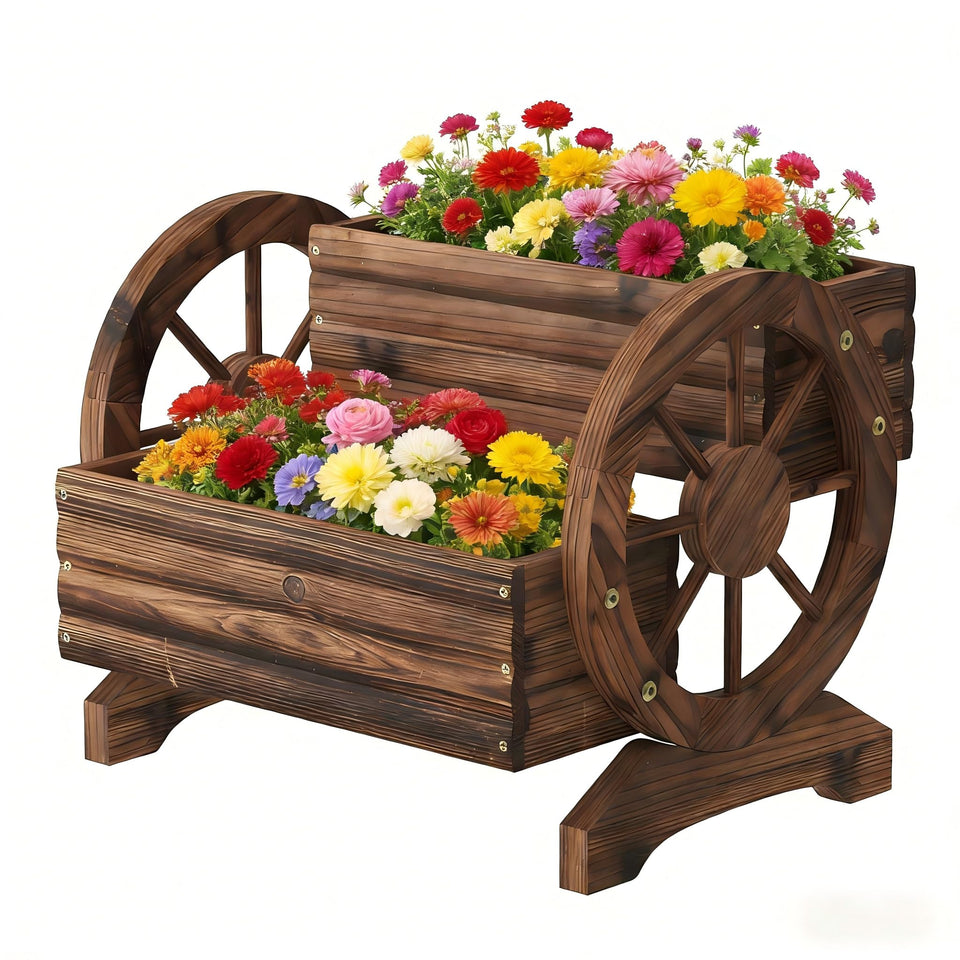 Dawnyard wooden wagon planter side view for outdoor herbs and greenery