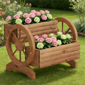 Dawnyard wagon planter wheels front view shows carbonized finish ideal for rustic patios.