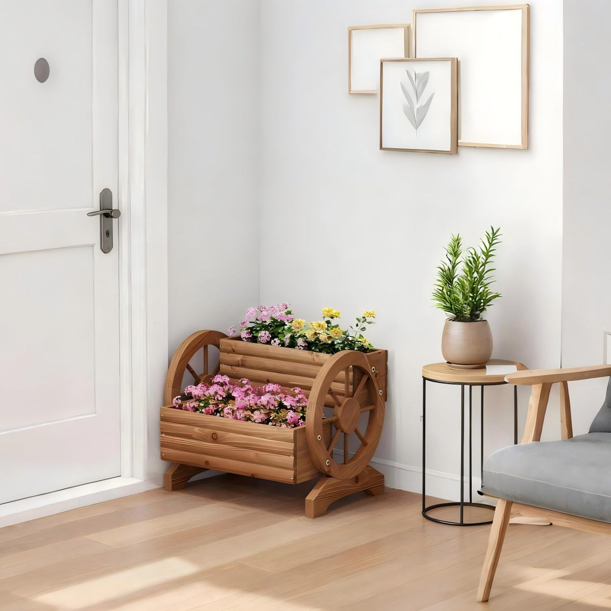 Dawnyard weather-resistant fir wood wagon planter suitable for outdoor use.