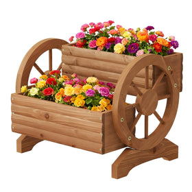 Dawnyard wooden wagon planter with wheels side view in warm brown for outdoor display.