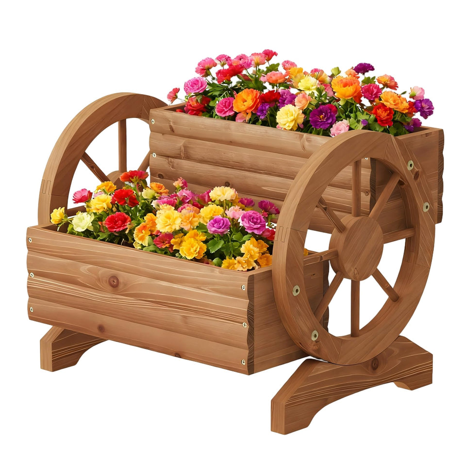 Dawnyard wooden wagon planter with wheels side view in warm brown for outdoor display.