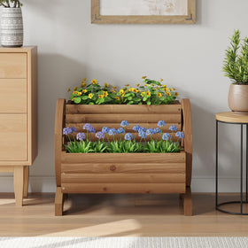 Dawnyard wheel planter with classic brown finish elevating outdoor spaces.