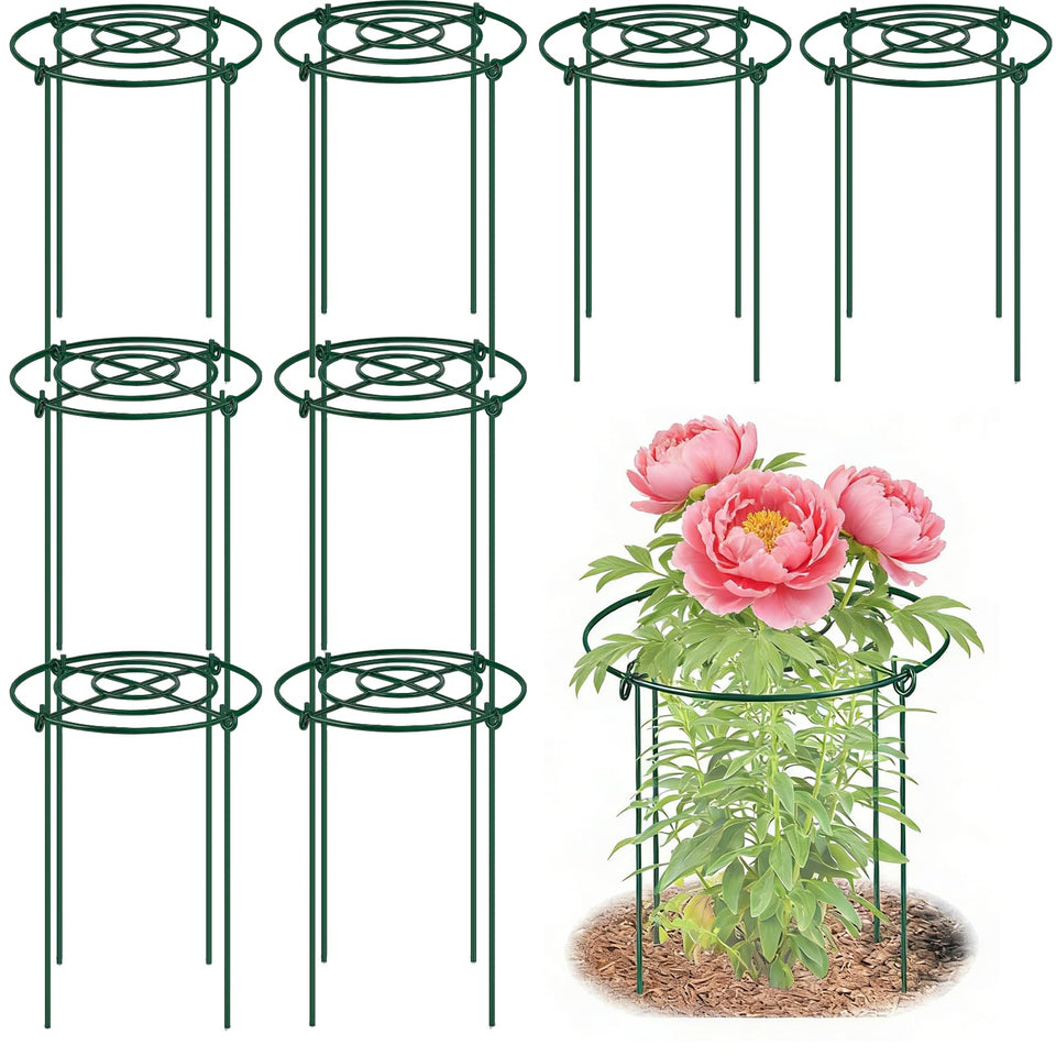 DAYUMKOU 8-pack peony cages with grid-top provide sturdy support for tall blooms.