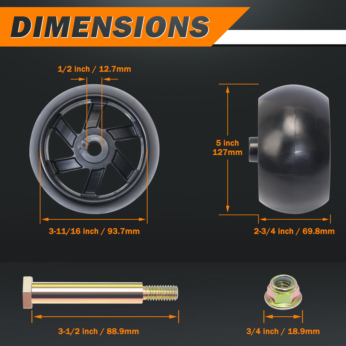 Dazakoot deck wheels with bolts shown for easy compatibility check