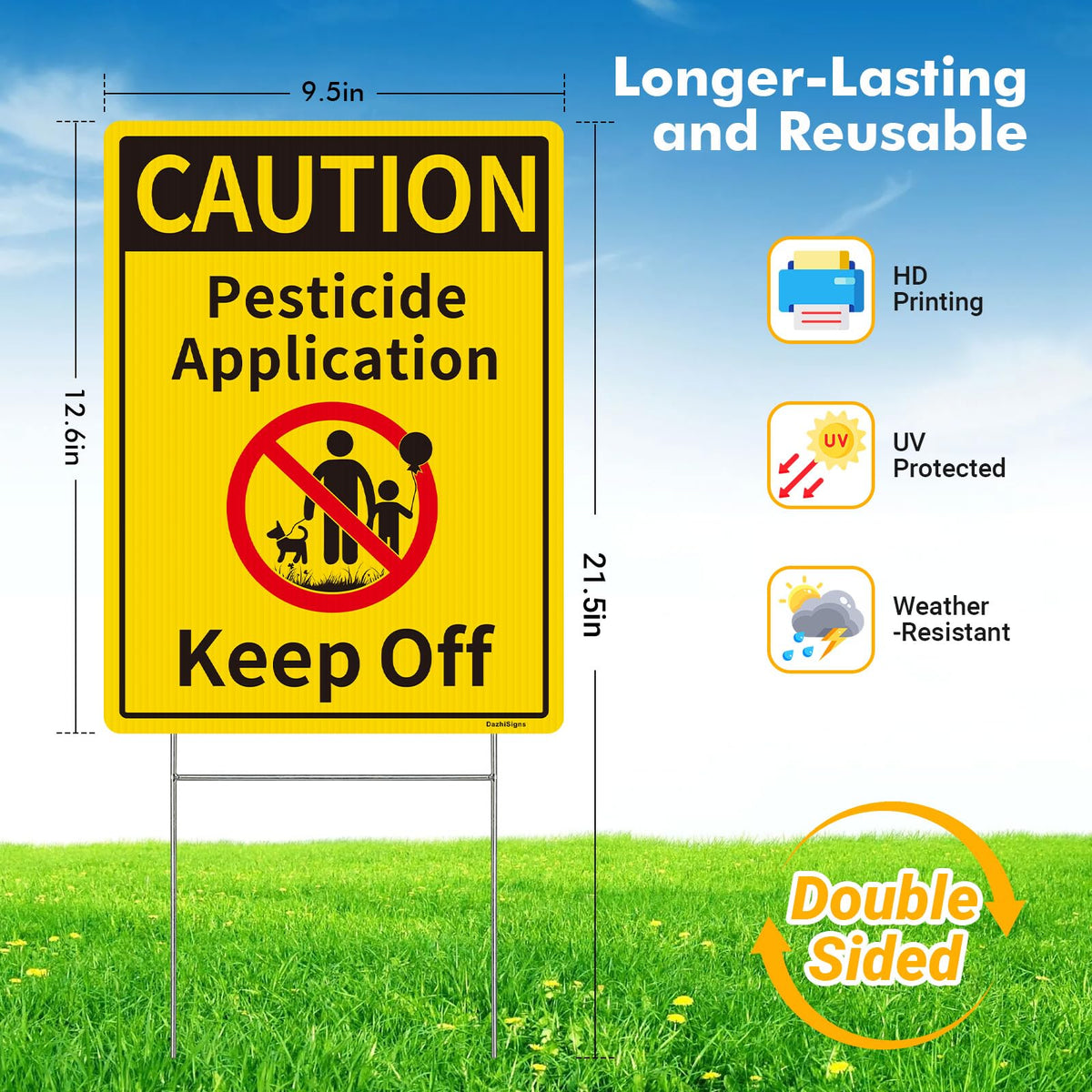 DazhiSigns caution-pesticide sign back view shows dual-sided messaging for outdoors