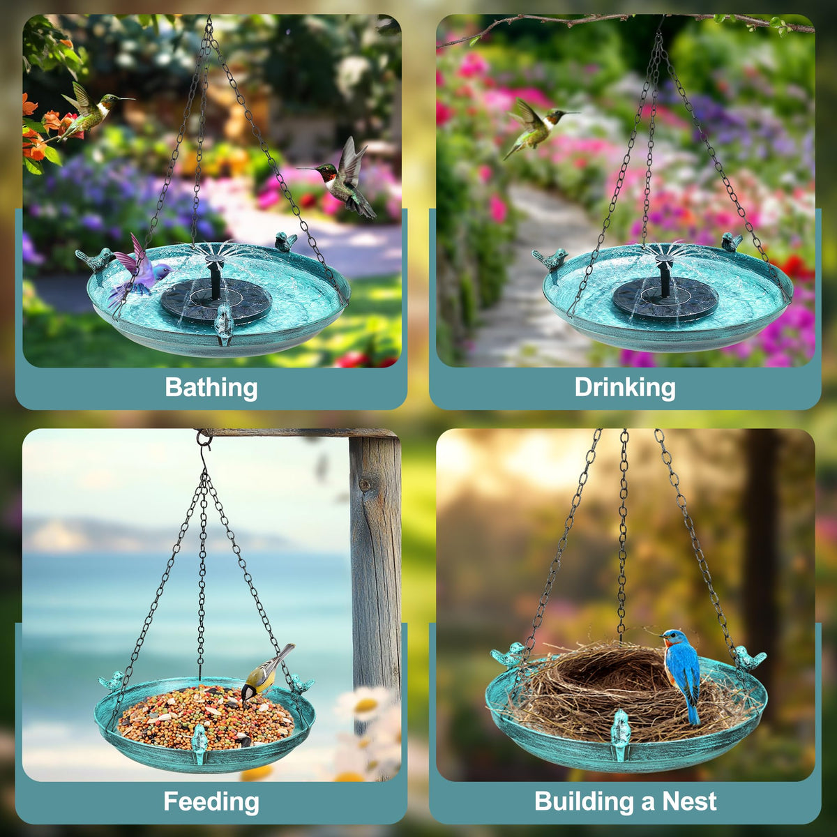 DazSpirit green metal bird bath rim detail with removable decorative birds for versatile styling.
