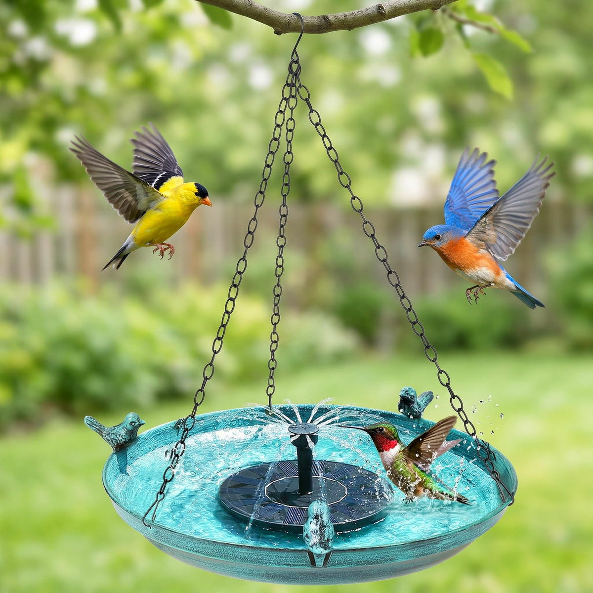 DazSpirit hanging bird bath with solar panel for wire-free garden water display.
