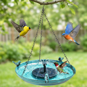 DazSpirit hanging bird bath with solar panel for wire-free garden water display.