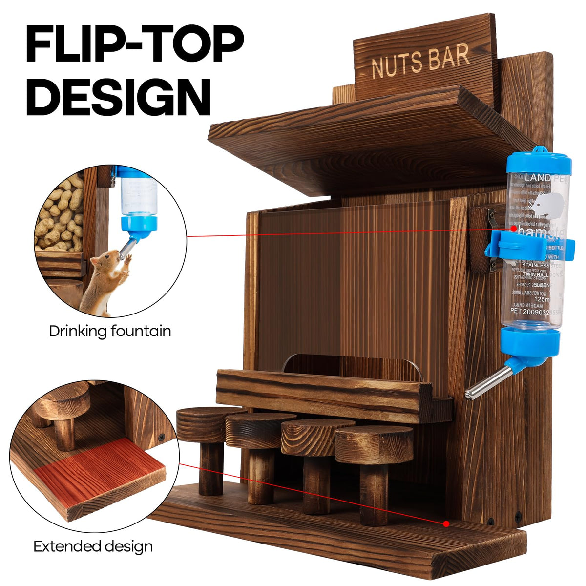 DAZUINIAO Water dispenser 125 ml keeps squirrels hydrated during visits.