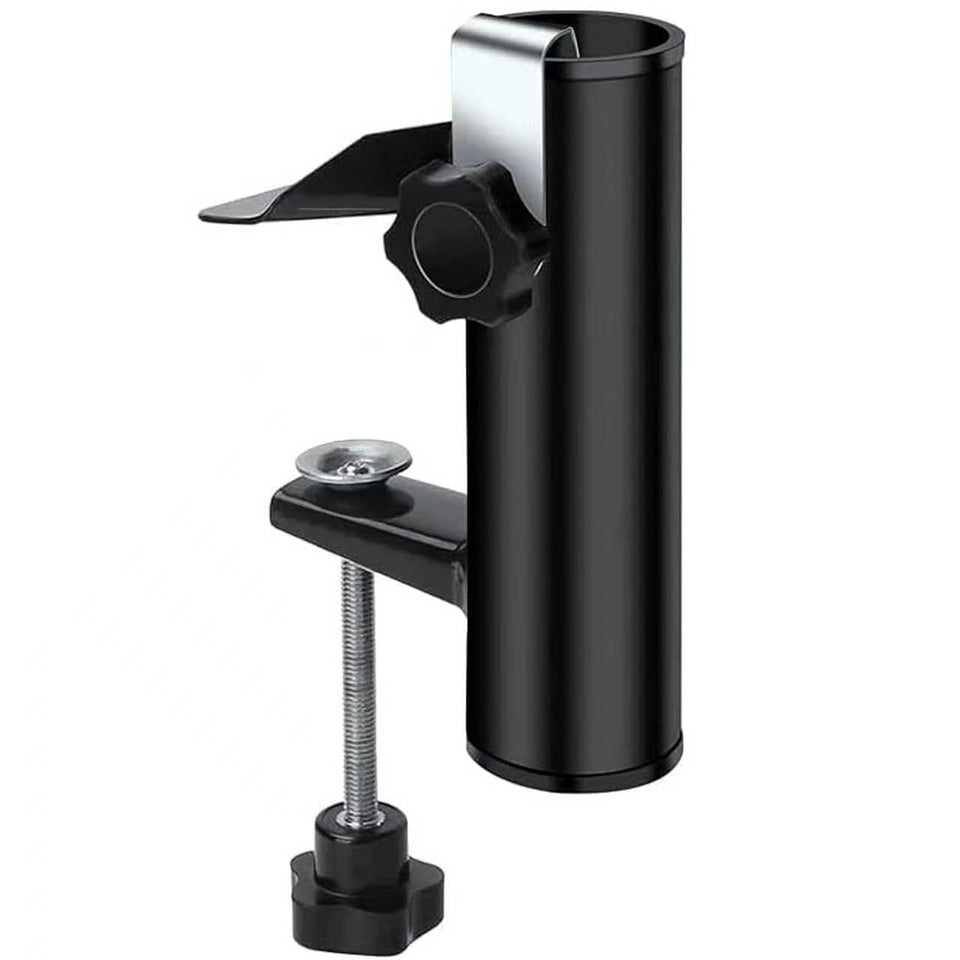 DBPBToU outdoor umbrella clamp attached to railing provides shade and rain protection without floor clutter.
