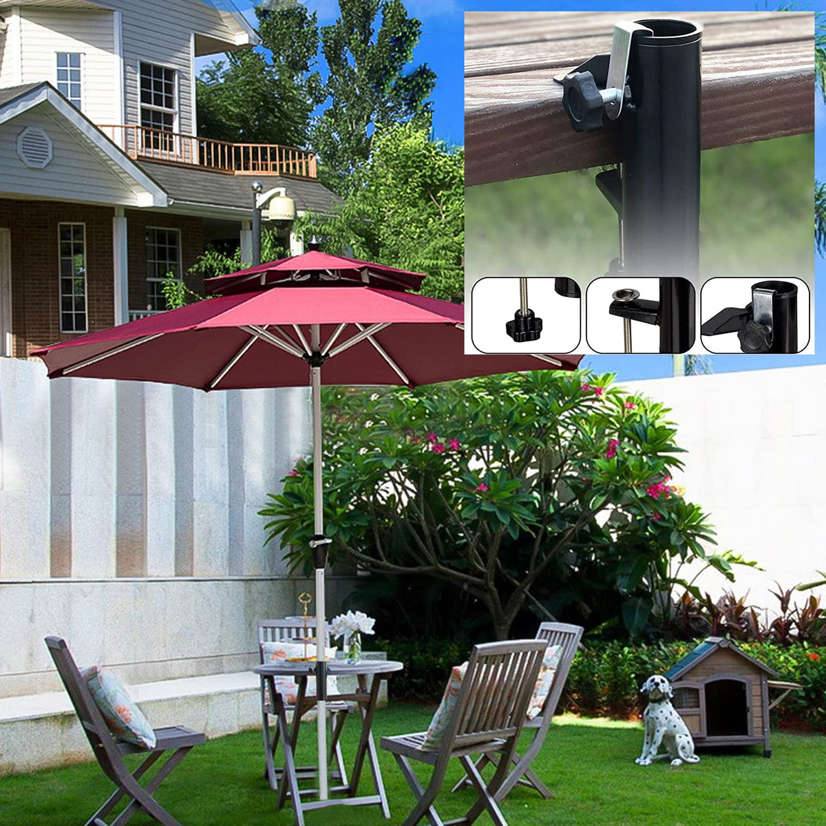 DBPBToU clamp is multipurpose: clamps or nails to railing for customizable shade.