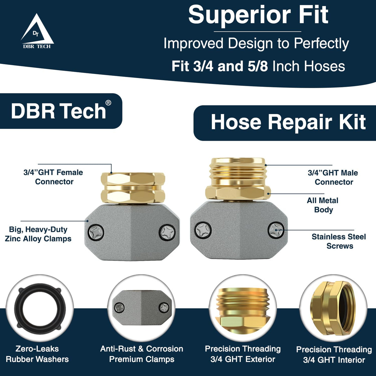 DBR Tech 3-4-in female connector for secure hose end repairs.