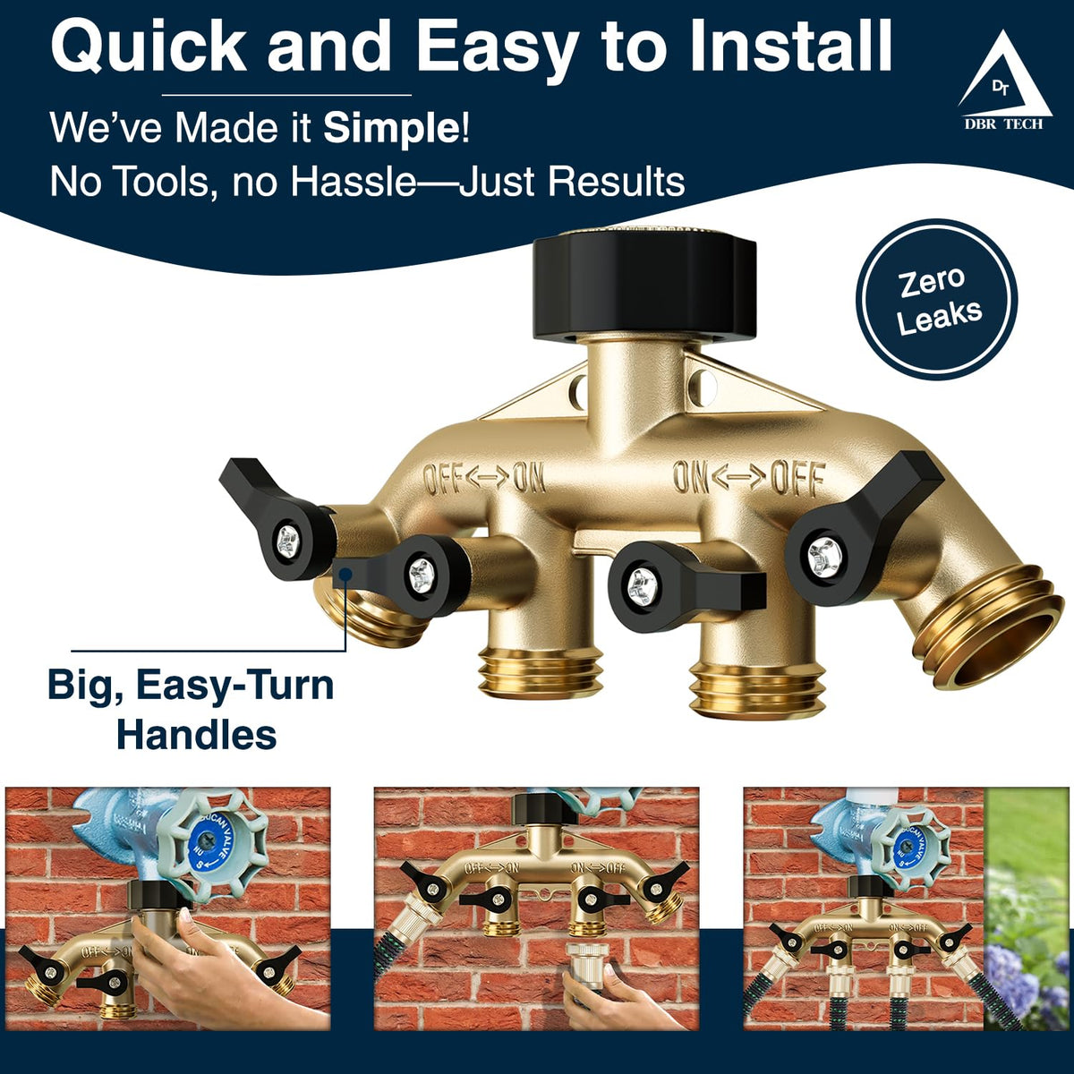 DBR Tech 4-outlet splitter demonstrates independent valves for tailored water flow.