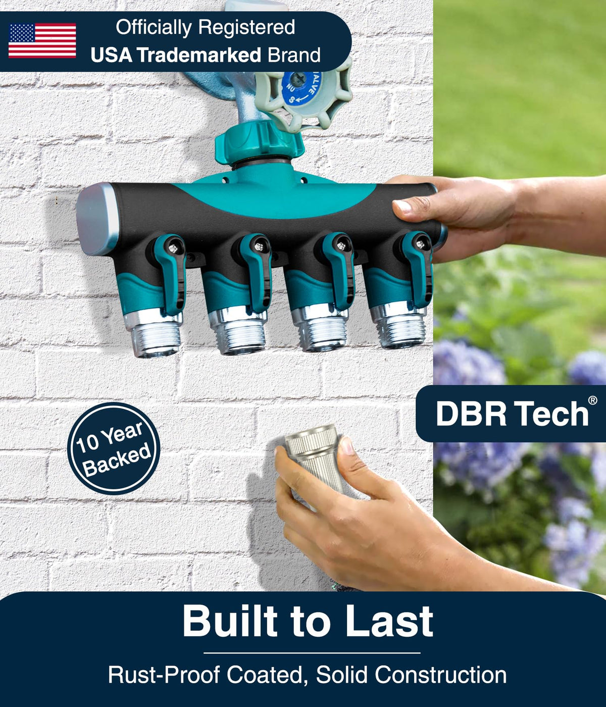 DBR Tech 4 Way Hose Splitter's dual shut-off valves help conserve water by isolating unused outlets.