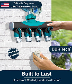 DBR Tech 4 Way Hose Splitter's dual shut-off valves help conserve water by isolating unused outlets.