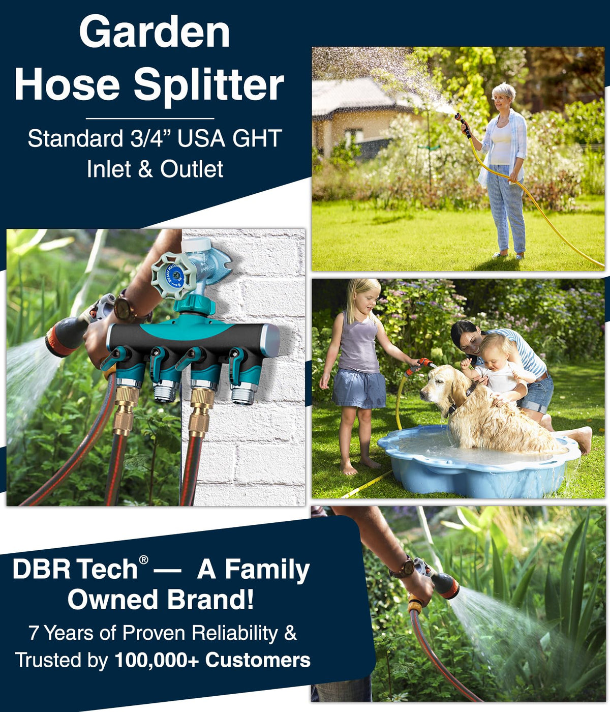 DBR Tech 4 Way Hose Splitter shows deep threads to prevent leaks and sustain pressure for long hoses.
