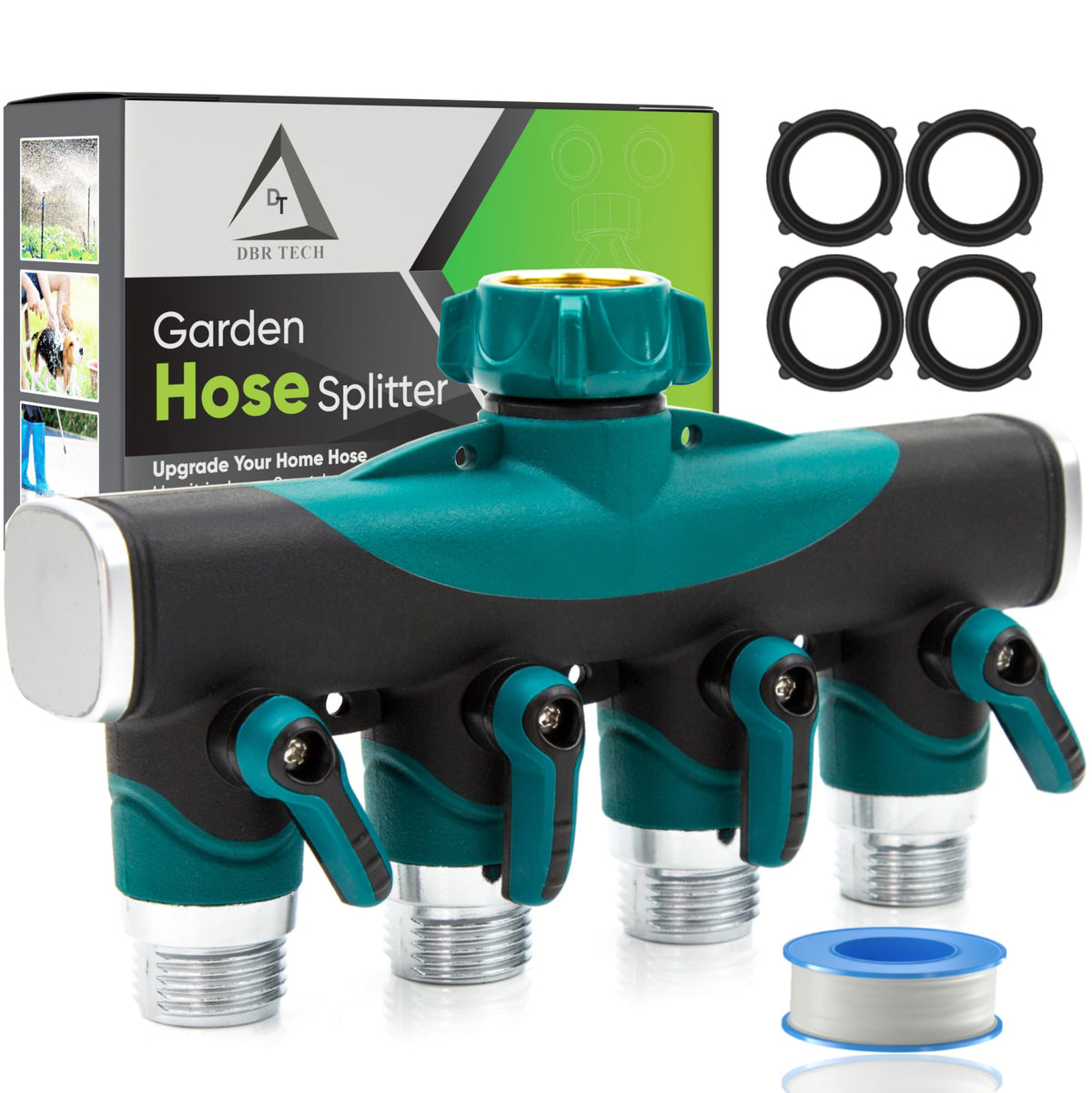 DBR Tech 4 Way Hose Splitter connected to a spigot, enabling four hoses simultaneously.