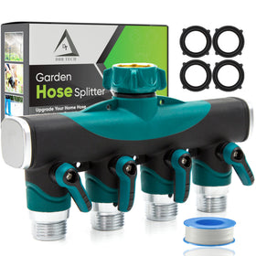 DBR Tech 4 Way Hose Splitter connected to a spigot, enabling four hoses simultaneously.