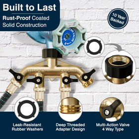 DBR Tech brass hose splitter close-up shows rust-resistant finish for lasting outdoor use.