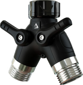 DBR Tech garden hose splitter 2 way front view for simultaneous watering tasks