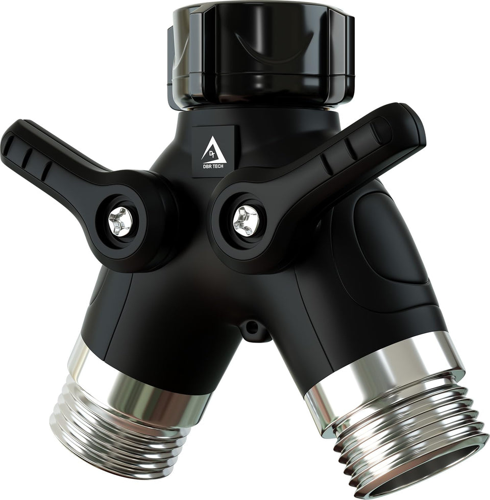 DBR Tech garden hose splitter 2 way front view for simultaneous watering tasks