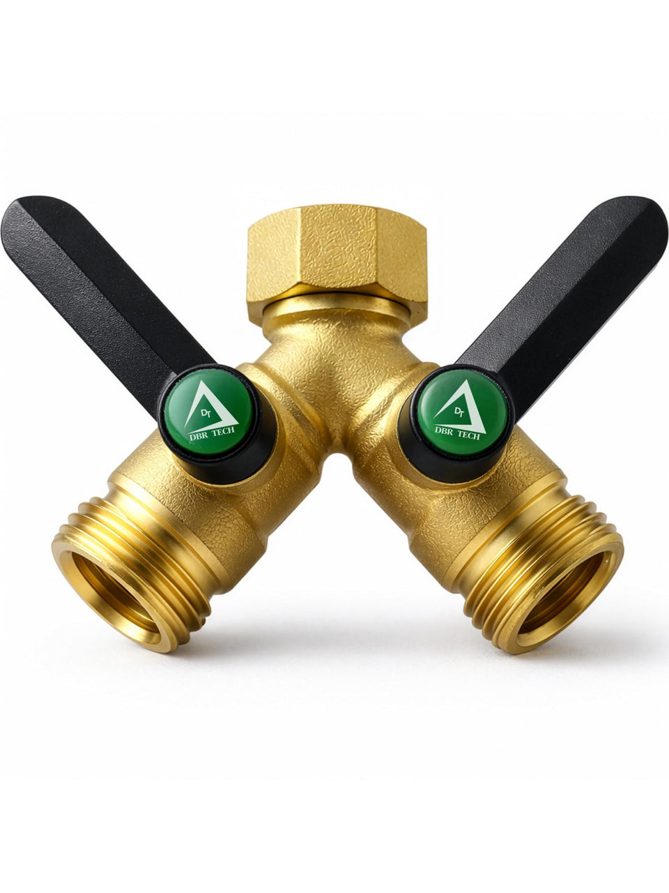 DBR Tech Garden Hose Splitter 2-Way shown in full-flow brass design for accurate water delivery.