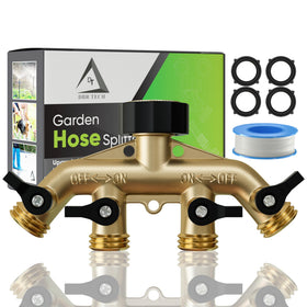 DBR Tech heavy-duty 4-way splitter front view highlights four outlets for simultaneous watering.