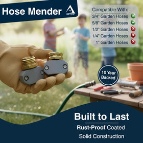 DBR Tech connectors close-up highlights universal fit for 3/4-in and 5/8-in hoses.