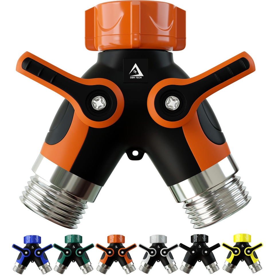 DBR Tech hose splitter 2-way enables two hoses from one faucet for efficient watering.